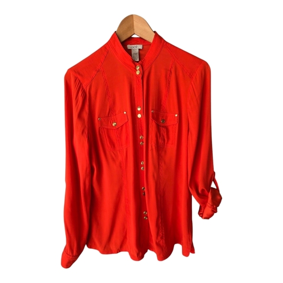 Cache Tops - Cache Silk Shirt Sz Large Red Roll Tab Sleeves Snap Button Up Lightweight Summer